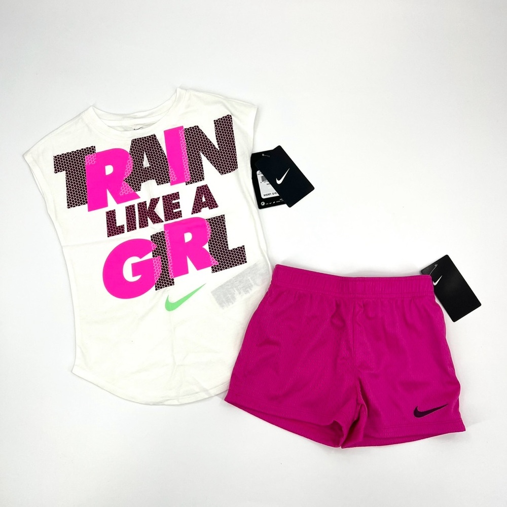 Nike Dry Fit Short Sleeve ‘White/Laser Fuchsia’ Active Short Set Girls Size 6